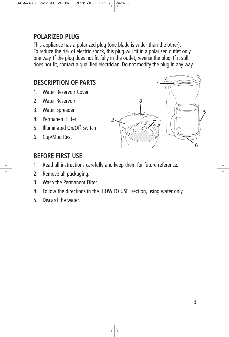 Polarized plug, Description of parts, Before first use | Toastess Coffee Maker TFC-326 User Manual | Page 3 / 6