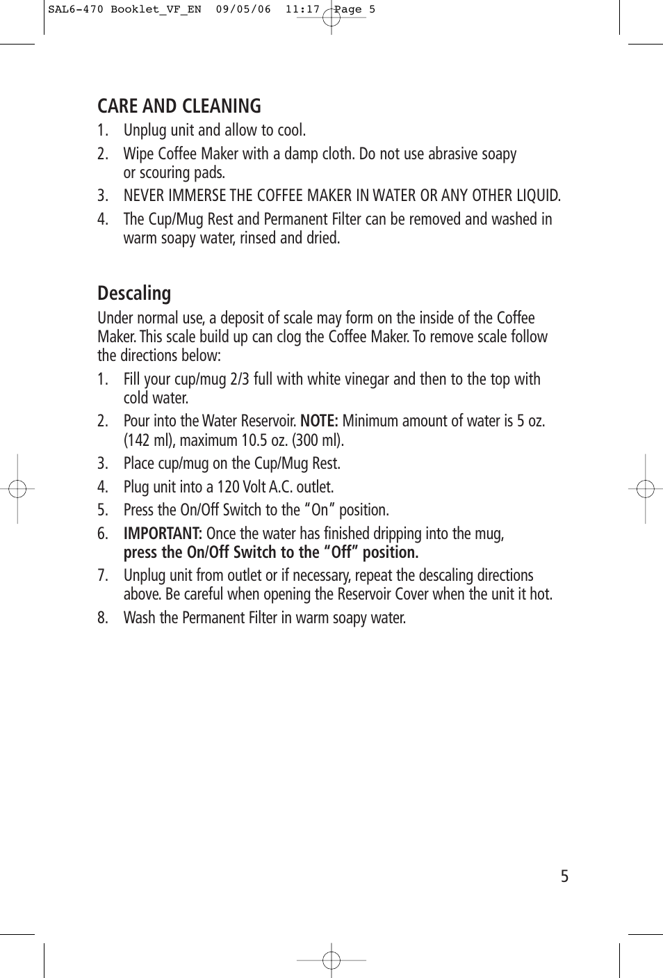 Care and cleaning, Descaling | Toastess Coffee Maker TFC-326 User Manual | Page 5 / 6