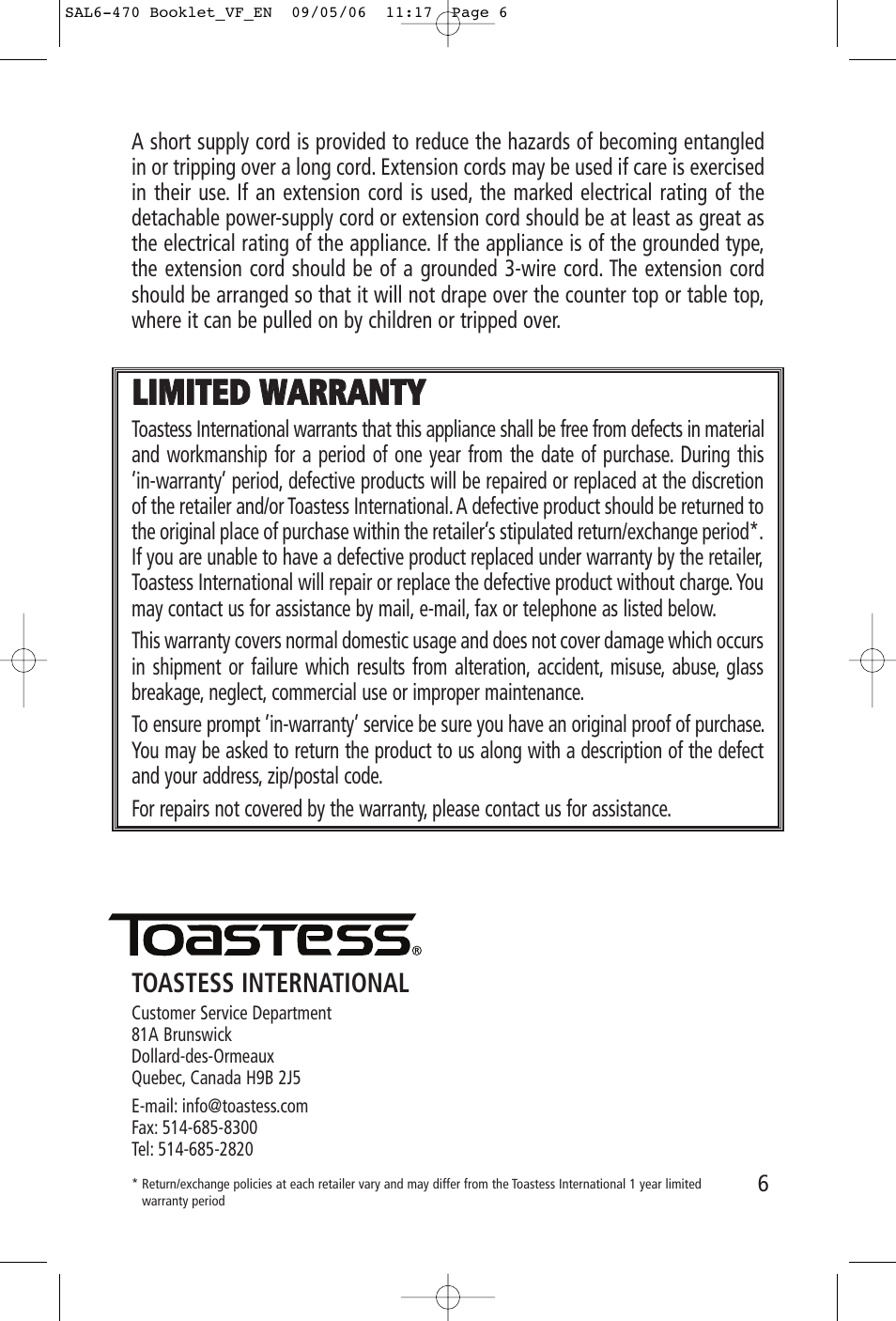 Lliim miitteed d w wa ar rr ra an ntty y | Toastess Coffee Maker TFC-326 User Manual | Page 6 / 6