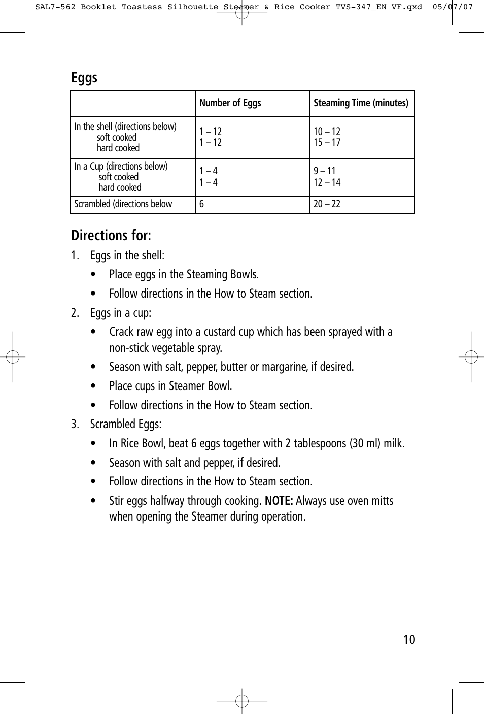 Eggs directions for | Toastess Food Steamer & TVS347 User Manual | Page 10 / 15