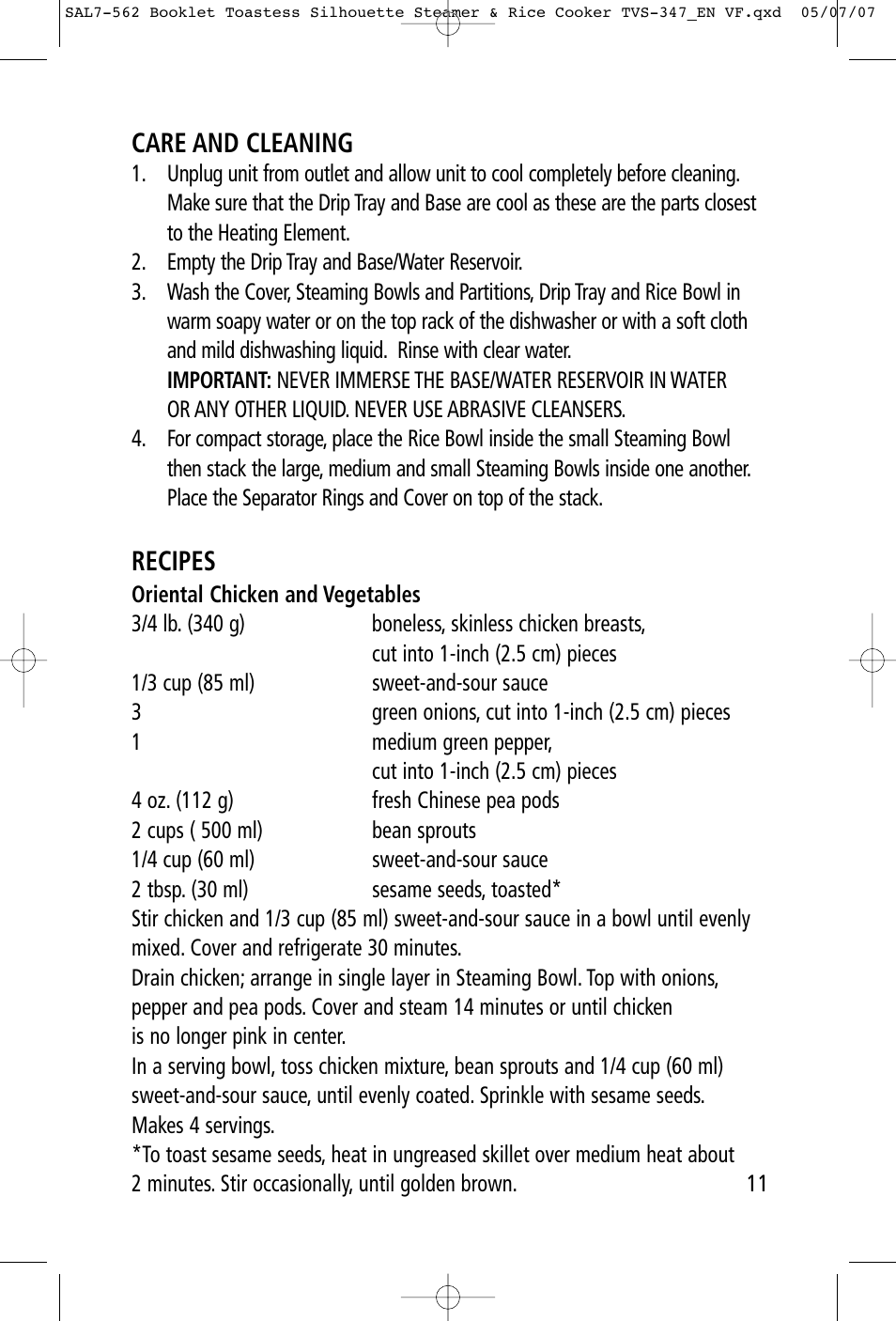 Care and cleaning, Recipes | Toastess Food Steamer & TVS347 User Manual | Page 11 / 15