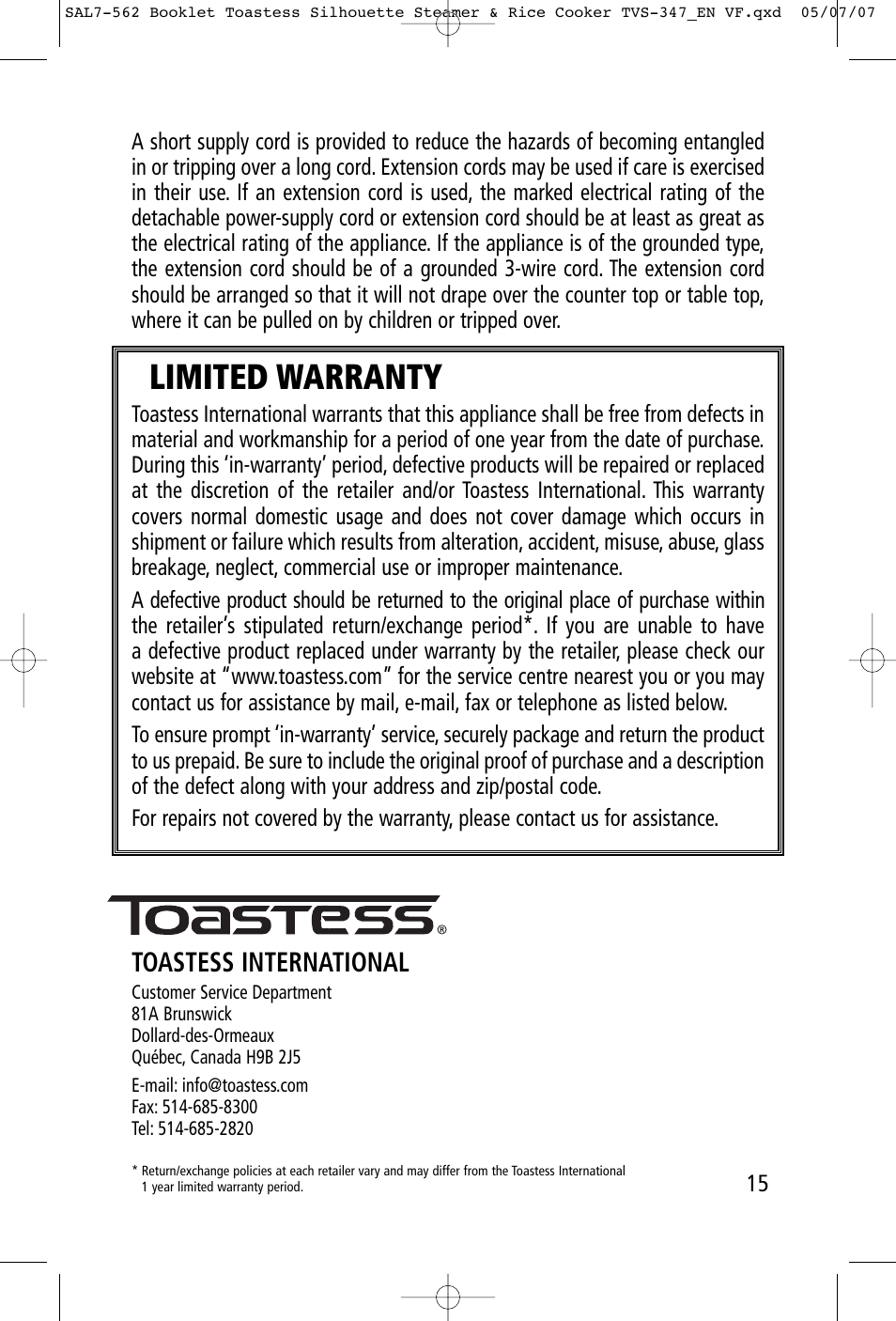 Limited warranty, Toastess international | Toastess Food Steamer & TVS347 User Manual | Page 15 / 15