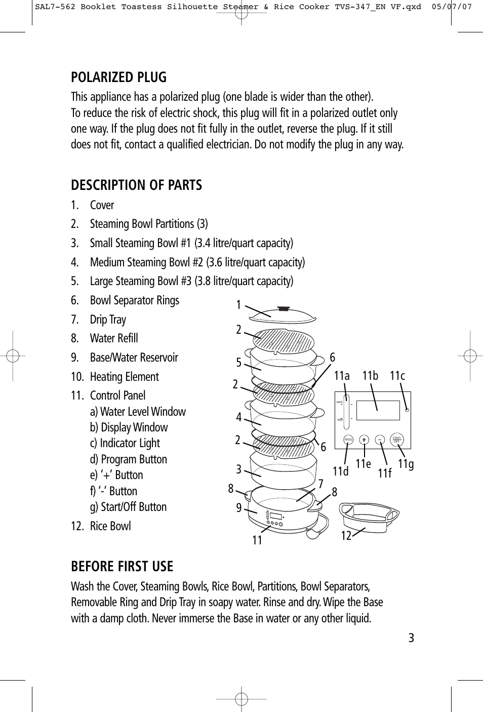 Polarized plug, Description of parts, Before first use | Toastess Food Steamer & TVS347 User Manual | Page 3 / 15