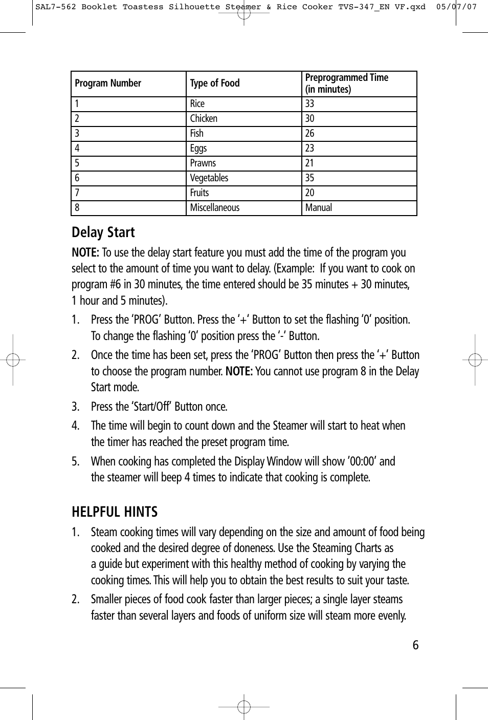 Delay start, Helpful hints | Toastess Food Steamer & TVS347 User Manual | Page 6 / 15