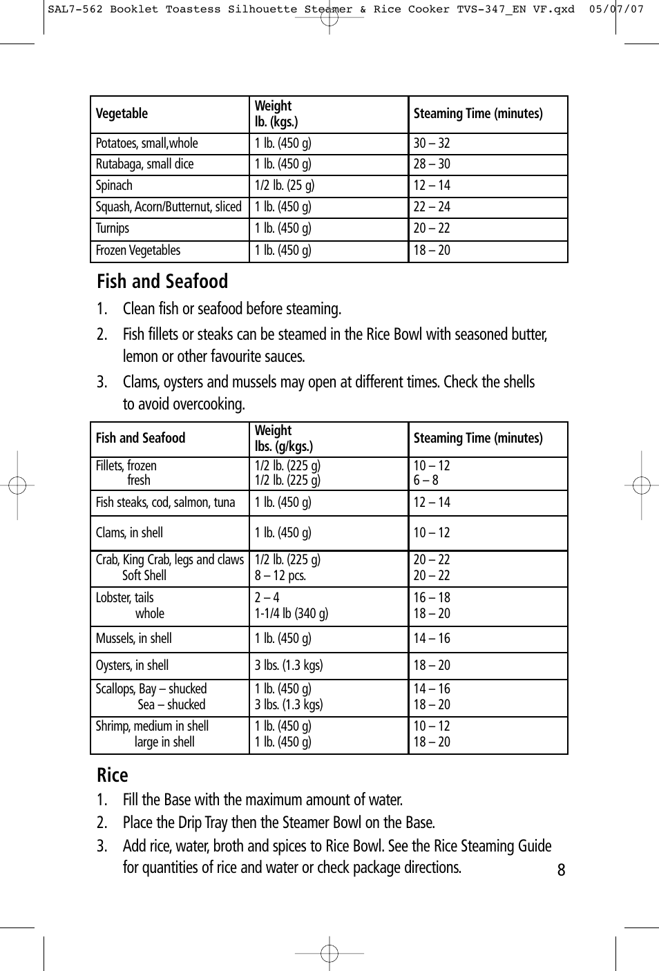 Fish and seafood, Rice | Toastess Food Steamer & TVS347 User Manual | Page 8 / 15