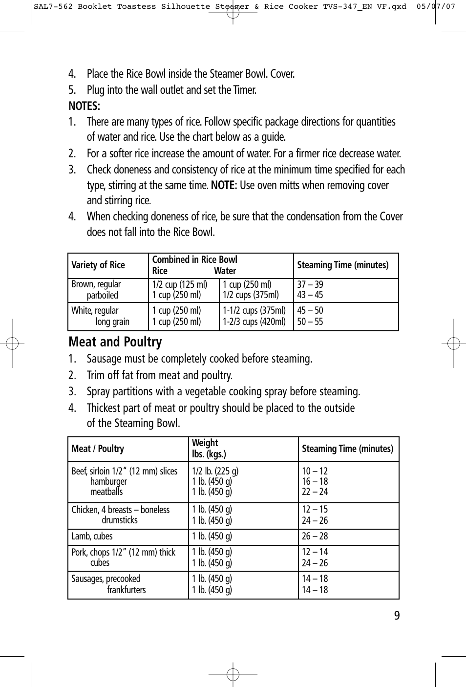 Meat and poultry | Toastess Food Steamer & TVS347 User Manual | Page 9 / 15