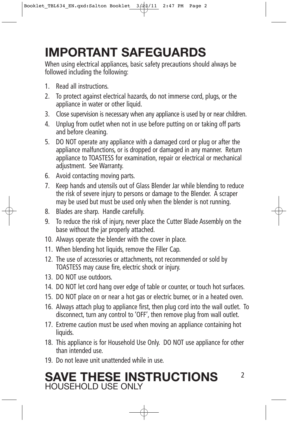 Important safeguards, Save these instructions | Toastess Classic Power TBL634 User Manual | Page 2 / 8