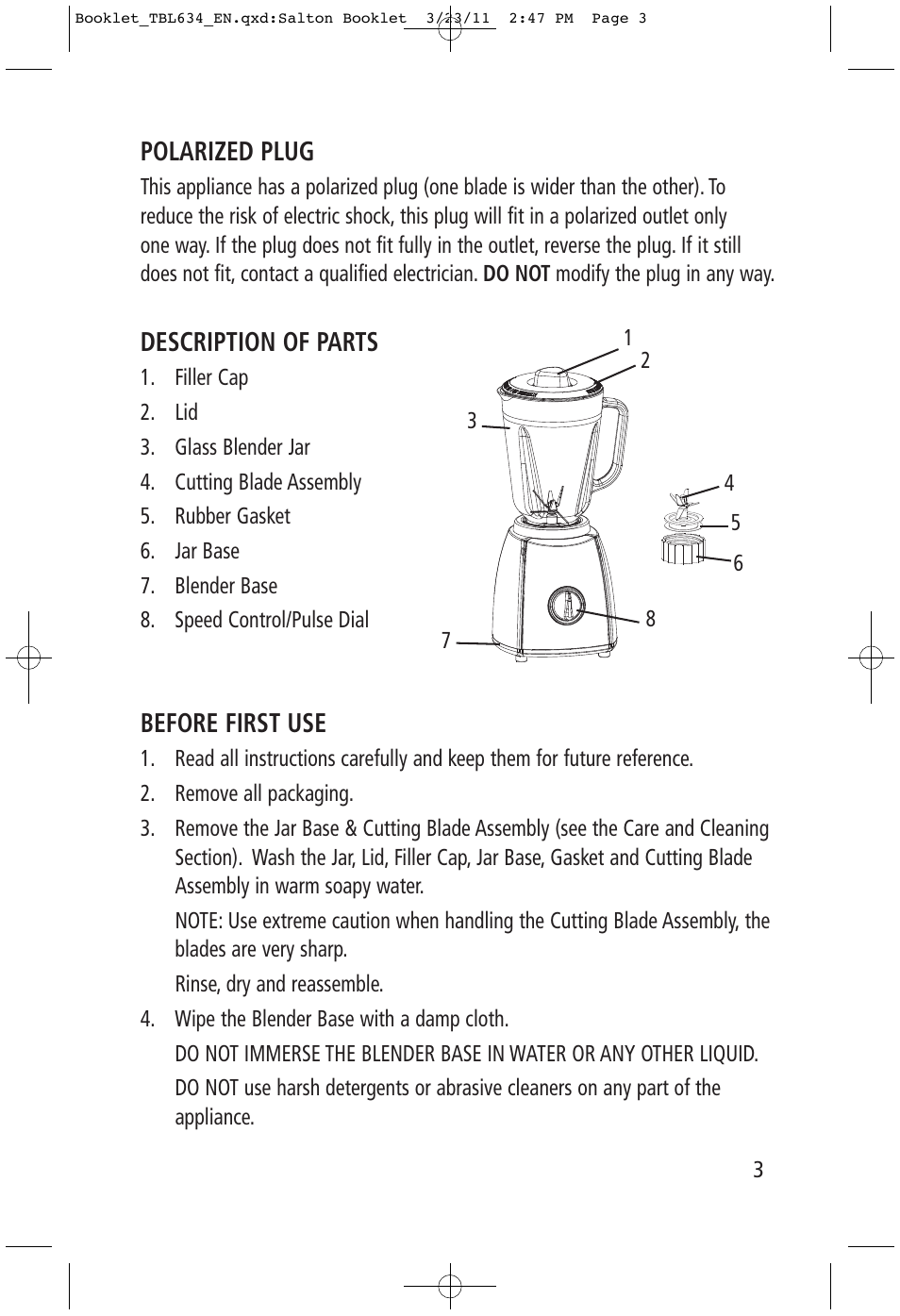 Polarized plug, Description of parts, Before first use | Toastess Classic Power TBL634 User Manual | Page 3 / 8