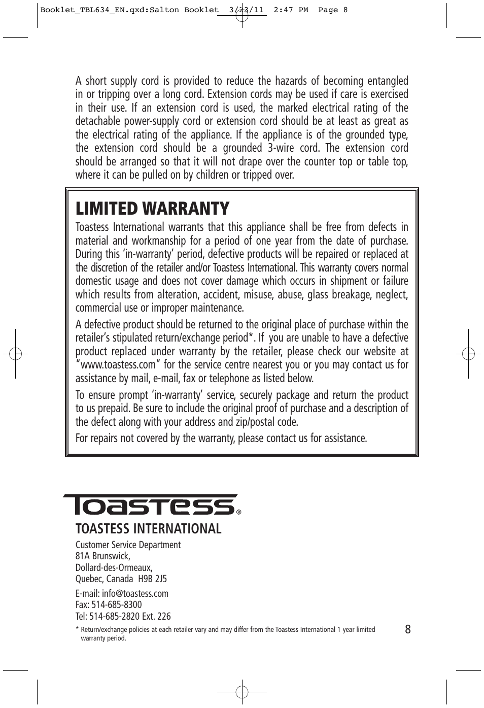 Limited warranty, Toastess international | Toastess Classic Power TBL634 User Manual | Page 8 / 8