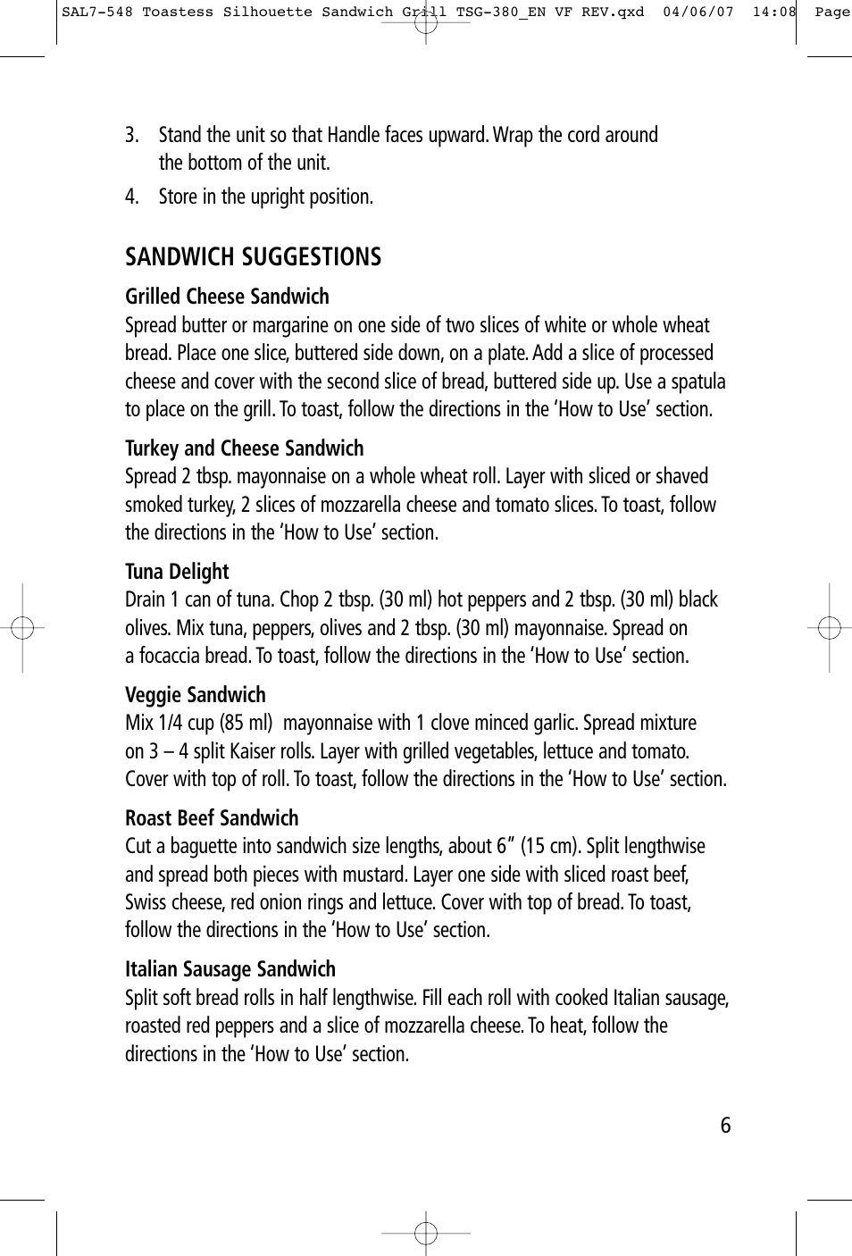Sandwich suggestions | Toastess ELEGANCE TSG-380 User Manual | Page 6 / 8