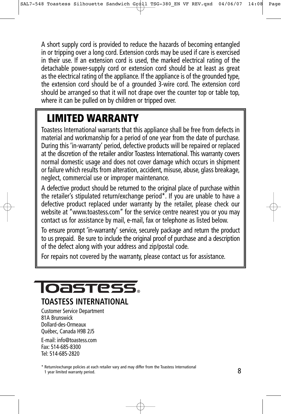 Limited warranty, Toastess international | Toastess ELEGANCE TSG-380 User Manual | Page 8 / 8