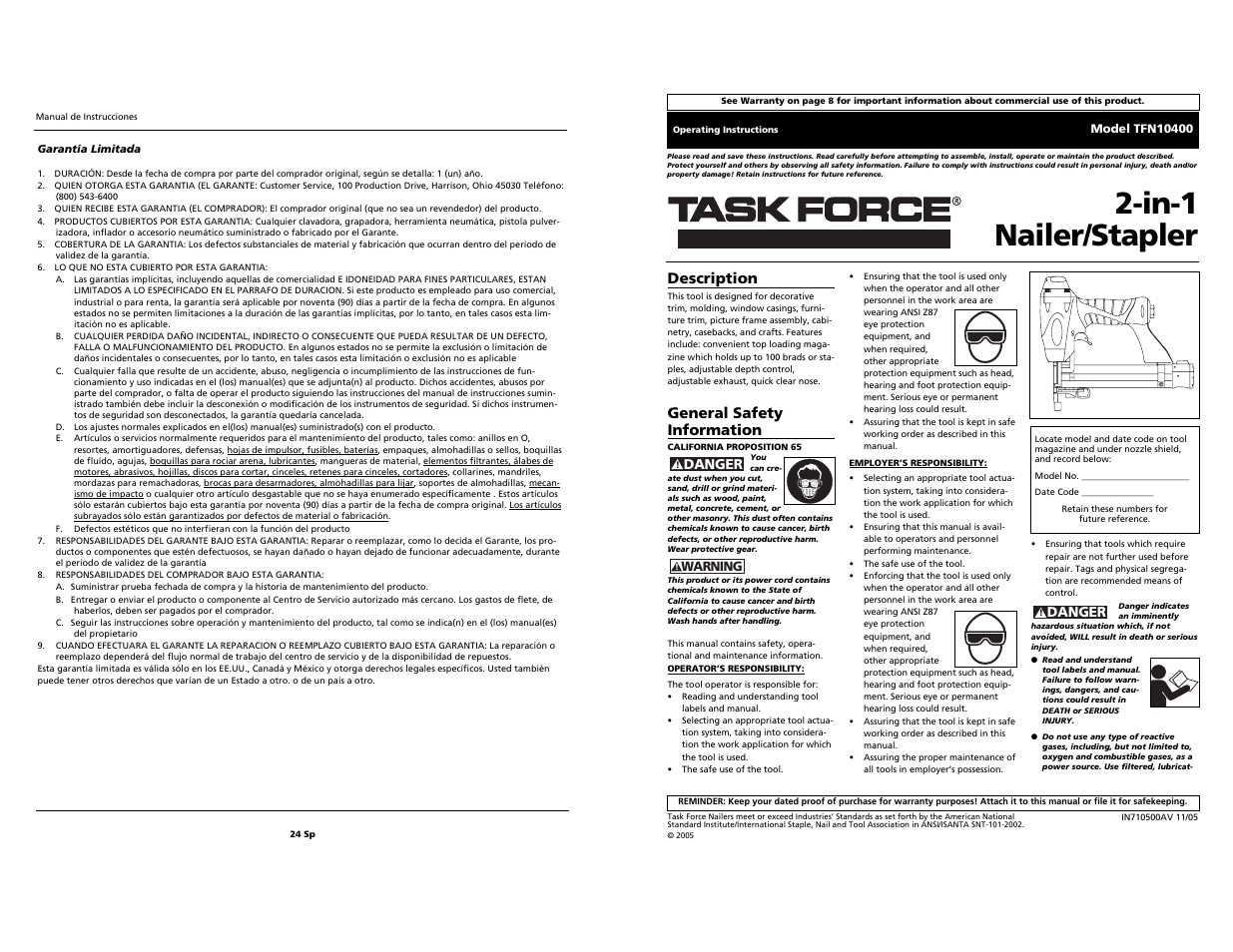 Task Force 2-in-1 Nailer/Stapler TFN10400 User Manual | 12 pages