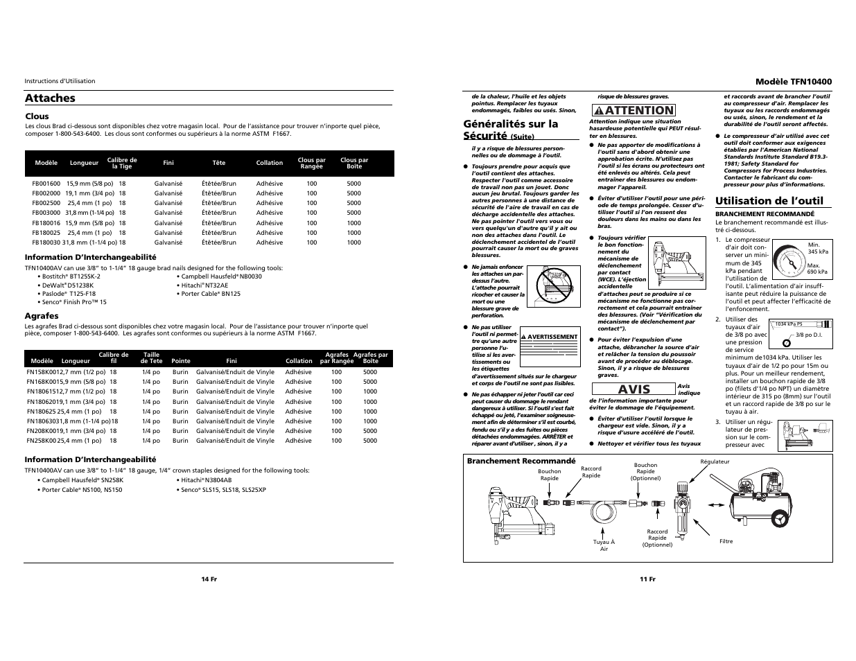 Avis, Attention, Attaches | Généralités sur la sécurité, Utilisation de l’outil | Task Force 2-in-1 Nailer/Stapler TFN10400 User Manual | Page 11 / 12