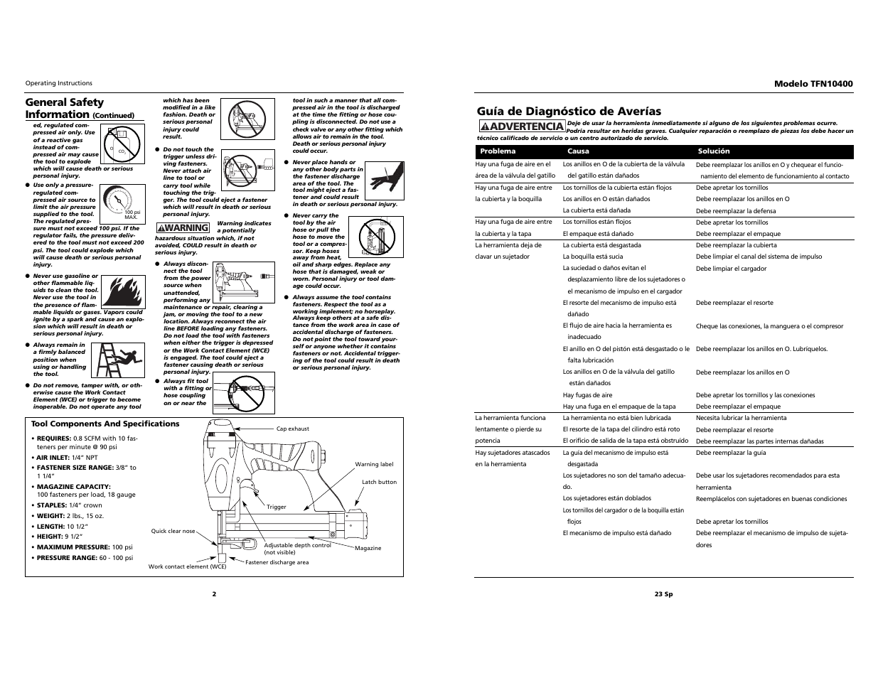Guía de diagnóstico de averías, Advertencia, General safety information | Task Force 2-in-1 Nailer/Stapler TFN10400 User Manual | Page 2 / 12