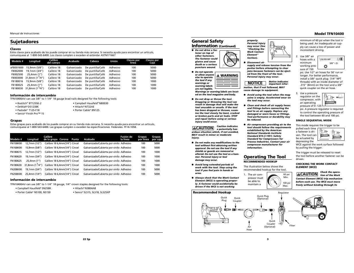 Sujetadores, General safety information, Operating the tool | Notice | Task Force 2-in-1 Nailer/Stapler TFN10400 User Manual | Page 3 / 12