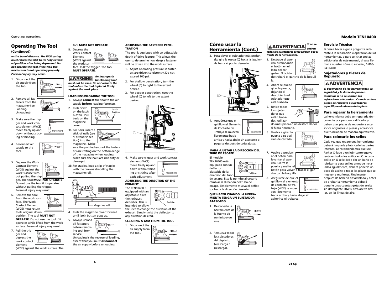 Built to last, Advertencia, Operating the tool | Cómo usar la herramienta (cont.) | Task Force 2-in-1 Nailer/Stapler TFN10400 User Manual | Page 4 / 12