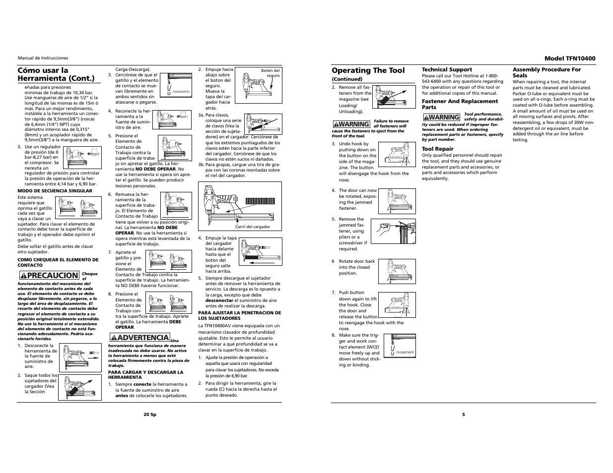 Built to last, Precaucion, Advertencia | Operating the tool, Cómo usar la herramienta (cont.) | Task Force 2-in-1 Nailer/Stapler TFN10400 User Manual | Page 5 / 12