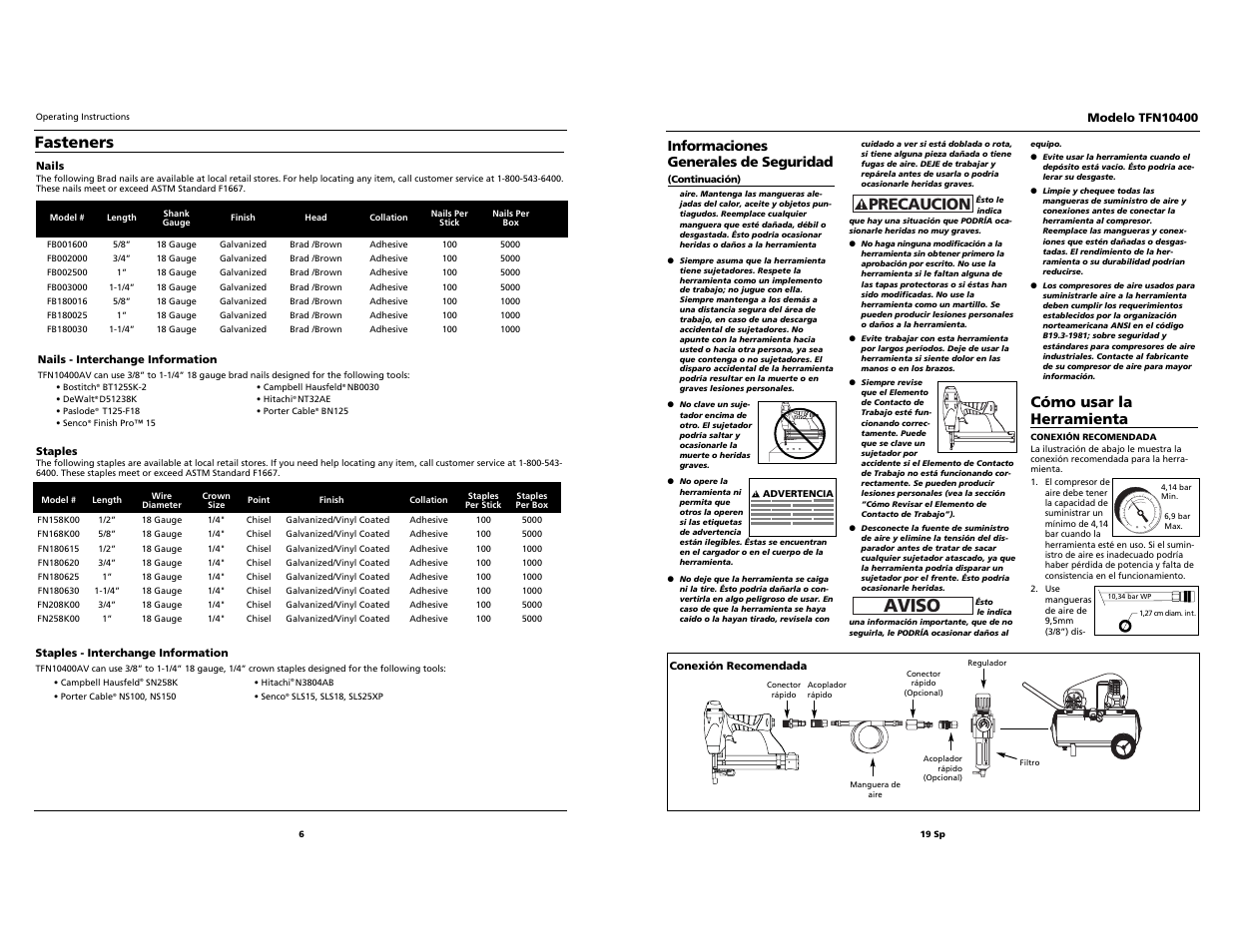 Aviso, Precaucion, Fasteners | Cómo usar la herramienta | Task Force 2-in-1 Nailer/Stapler TFN10400 User Manual | Page 6 / 12