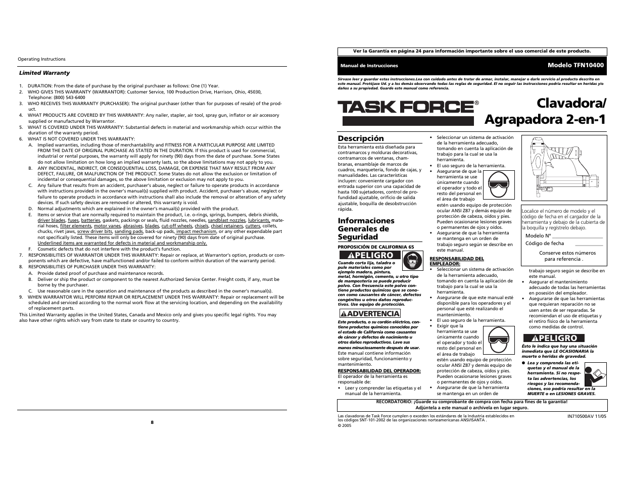 Clavadora/ agrapadora 2-en-1, Peligro, Descripción | Informaciones generales de seguridad, Advertencia | Task Force 2-in-1 Nailer/Stapler TFN10400 User Manual | Page 8 / 12