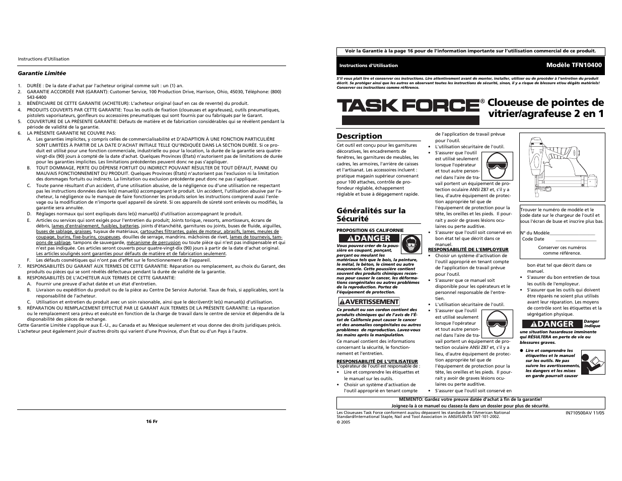 Cloueuse de pointes de vitrier/agrafeuse 2 en 1, Danger, Description | Généralités sur la sécurité | Task Force 2-in-1 Nailer/Stapler TFN10400 User Manual | Page 9 / 12