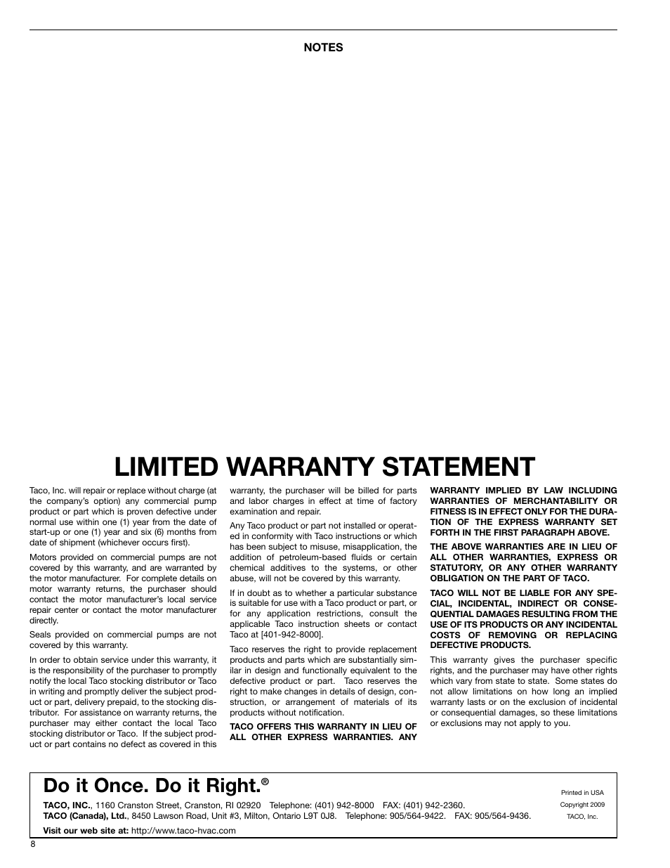 Limited warranty statement, Do it once. do it right | Taco Metals Marine Products 302-054 User Manual | Page 8 / 8