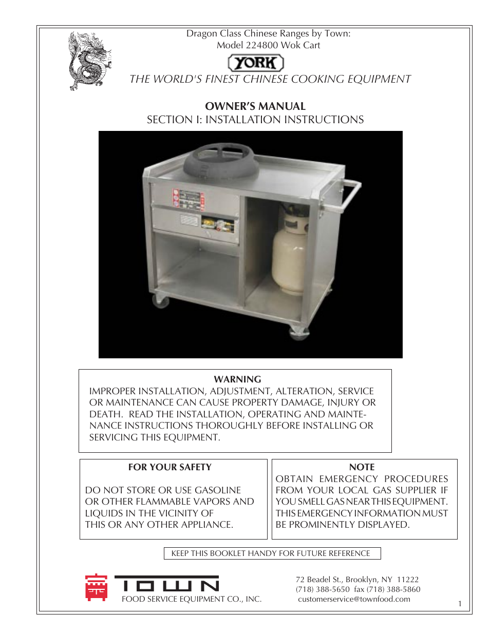 Town Food Service Equipment YORK 224800 User Manual | 8 pages