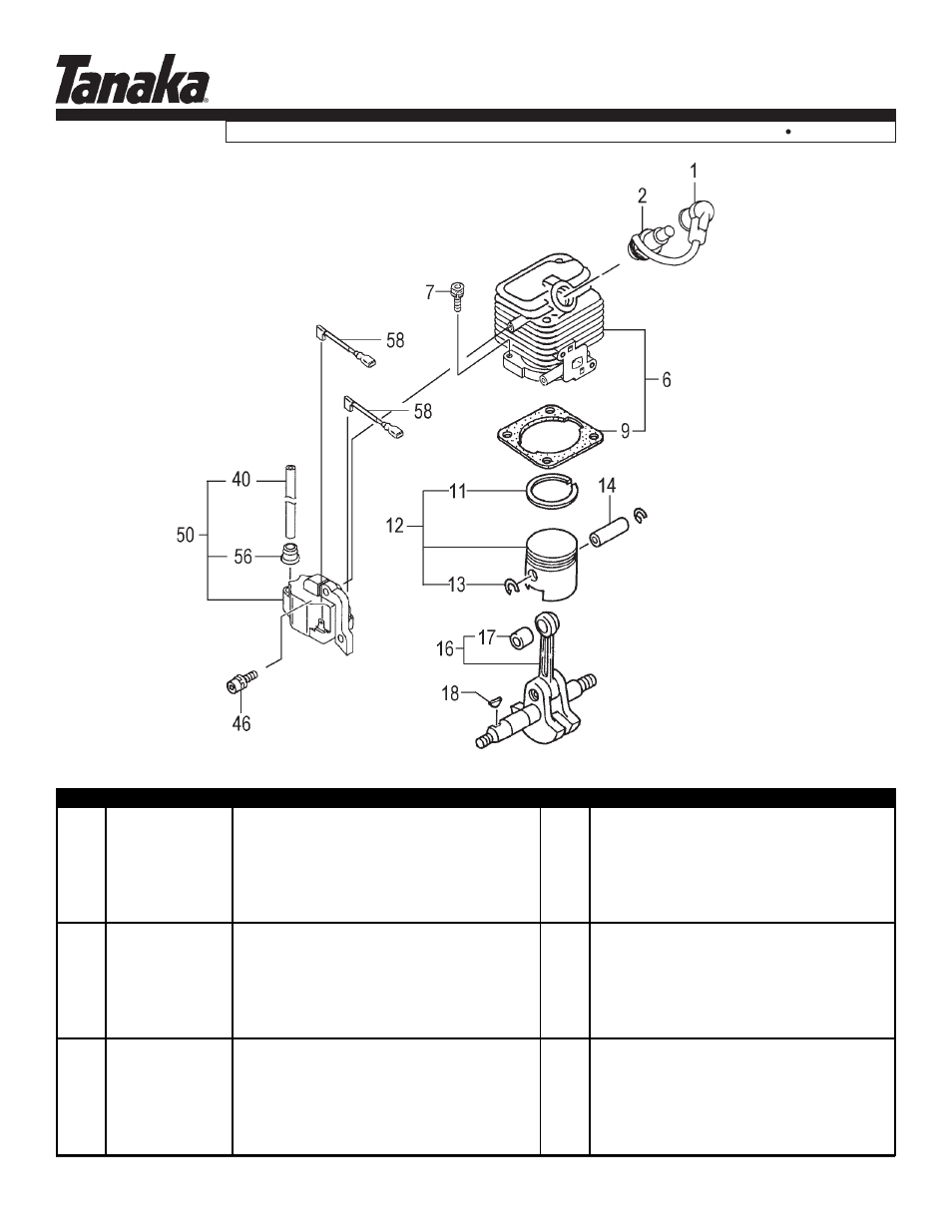 Cylinder, piston, crank & ignition, Parts information, Tbc-225c | Tanaka TBC-225C User Manual | Page 2 / 17