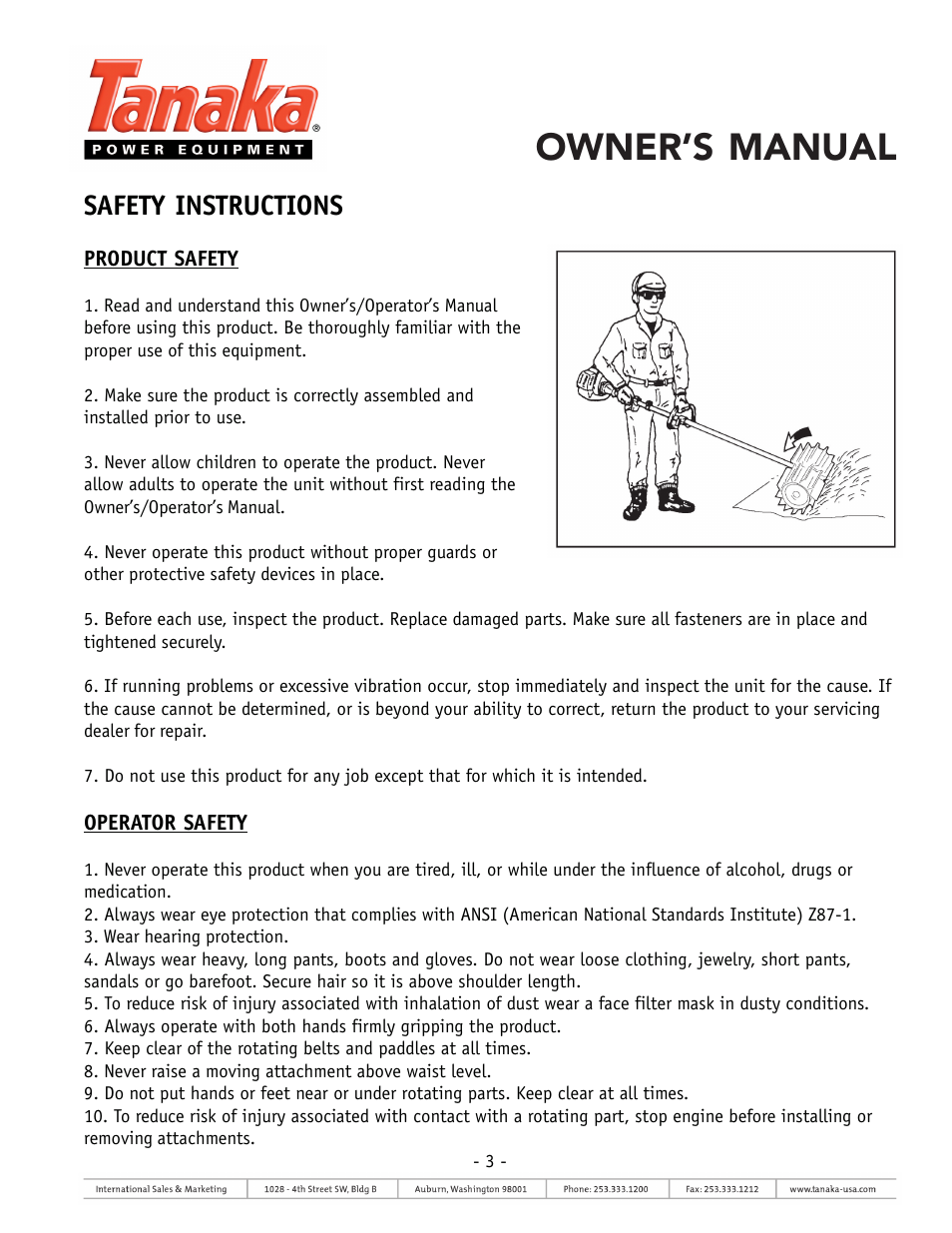 Owner’s manual, Safety instructions | Tanaka TSW-210 User Manual | Page 3 / 8