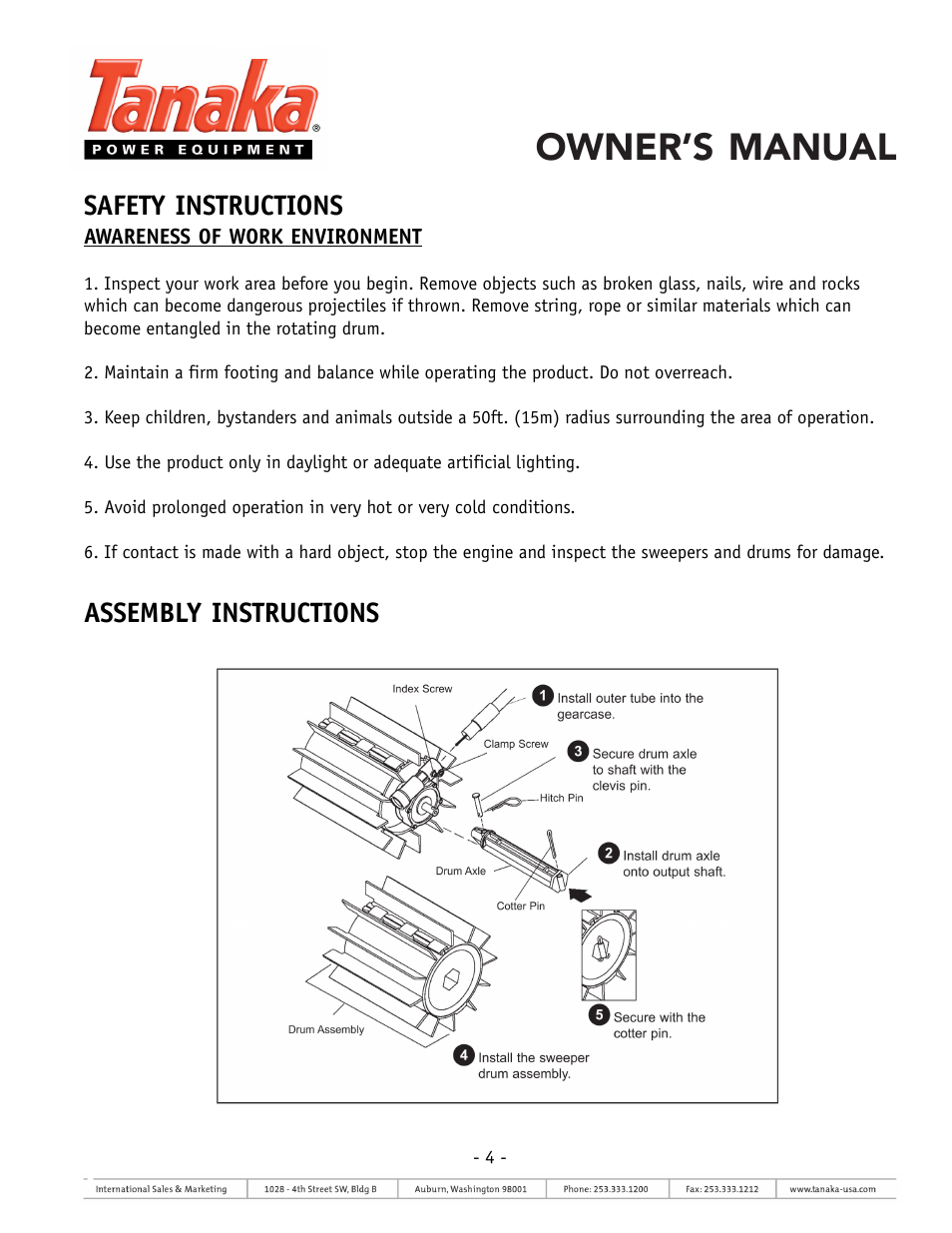 Owner’s manual, Safety instructions, Assembly instructions | Tanaka TSW-210 User Manual | Page 4 / 8