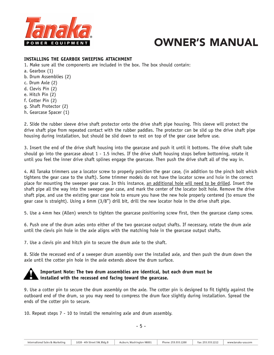 Owner’s manual | Tanaka TSW-210 User Manual | Page 5 / 8