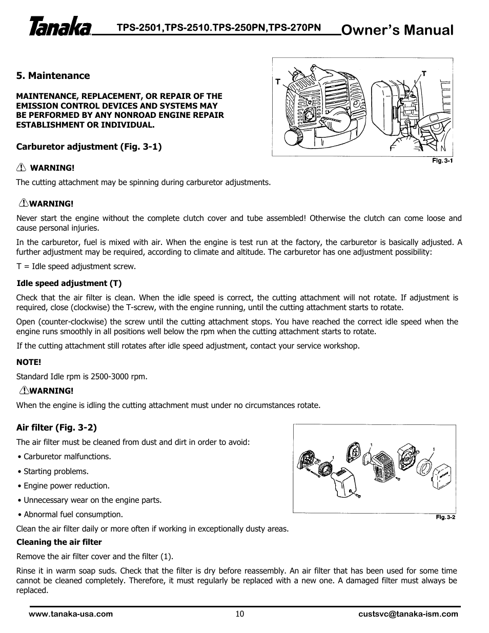 Maintenance, Owner’s manual | Tanaka TPS-2501  EN User Manual | Page 11 / 17