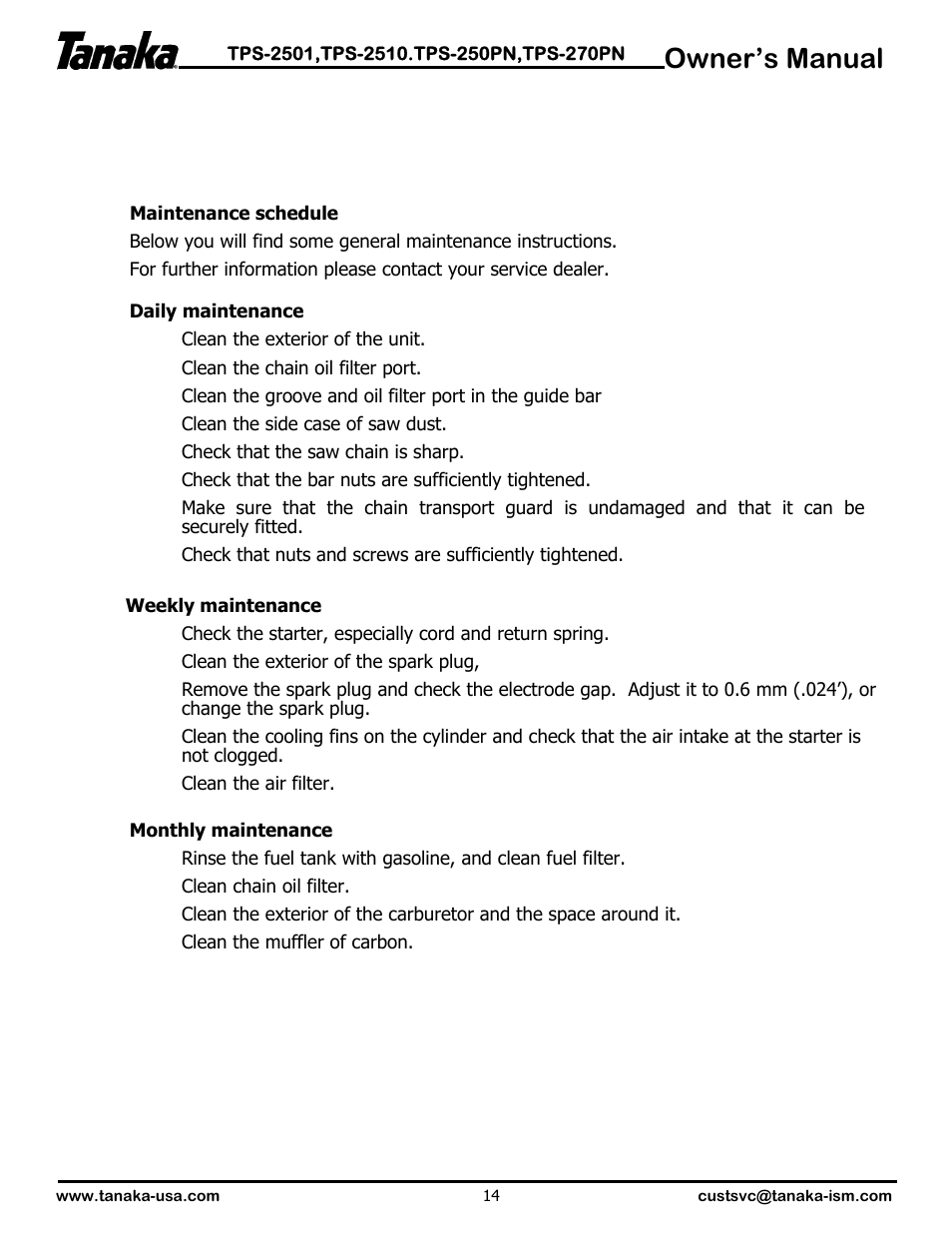 Owner’s manual | Tanaka TPS-2501  EN User Manual | Page 15 / 17