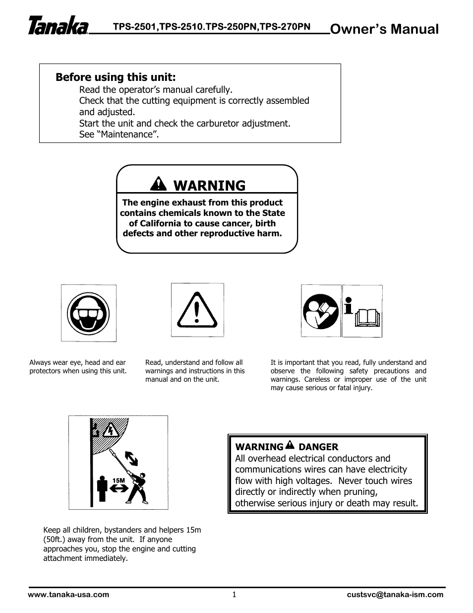 Symbols & alerts, Owner’s manual, Warning | Tanaka TPS-2501  EN User Manual | Page 2 / 17