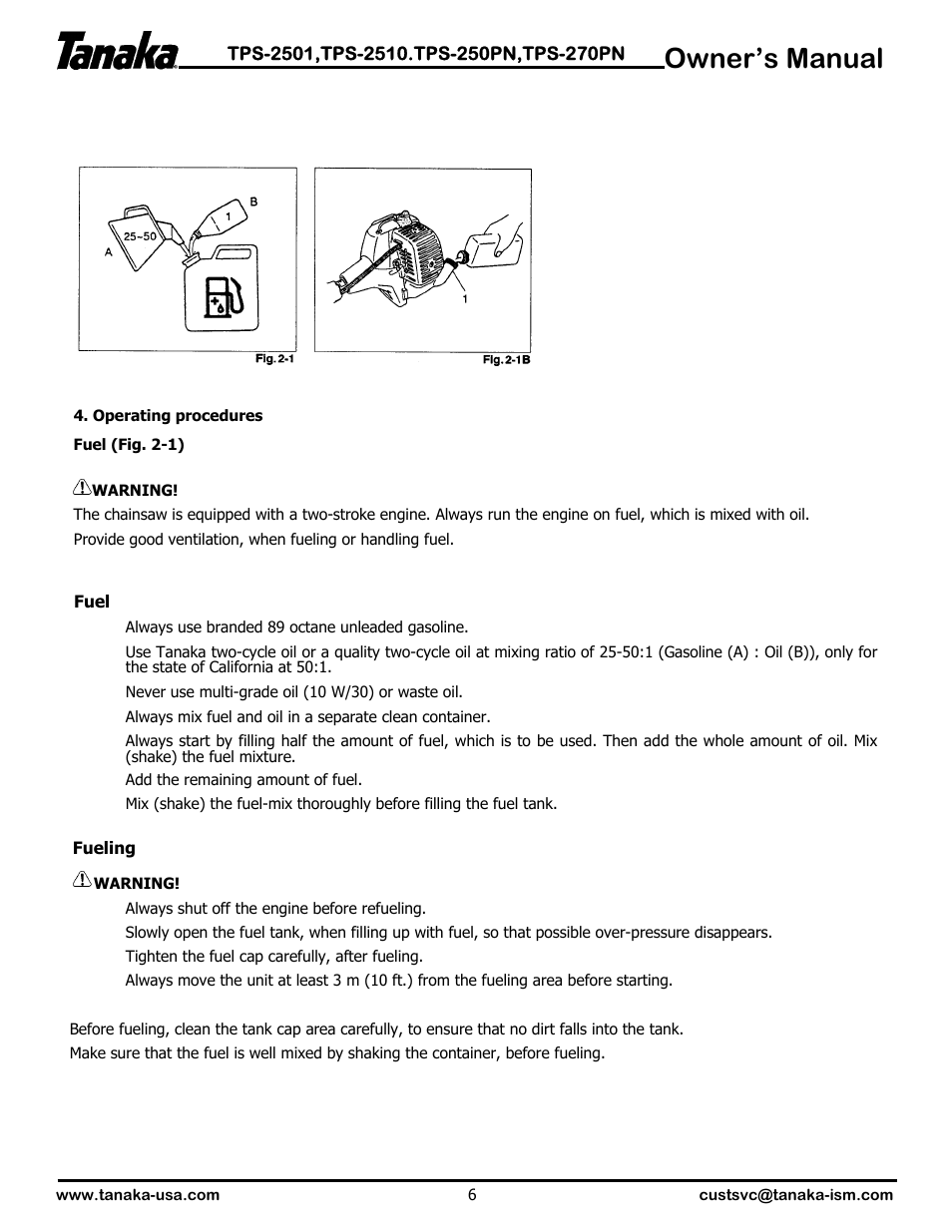 Operation, Owner’s manual | Tanaka TPS-2501  EN User Manual | Page 7 / 17