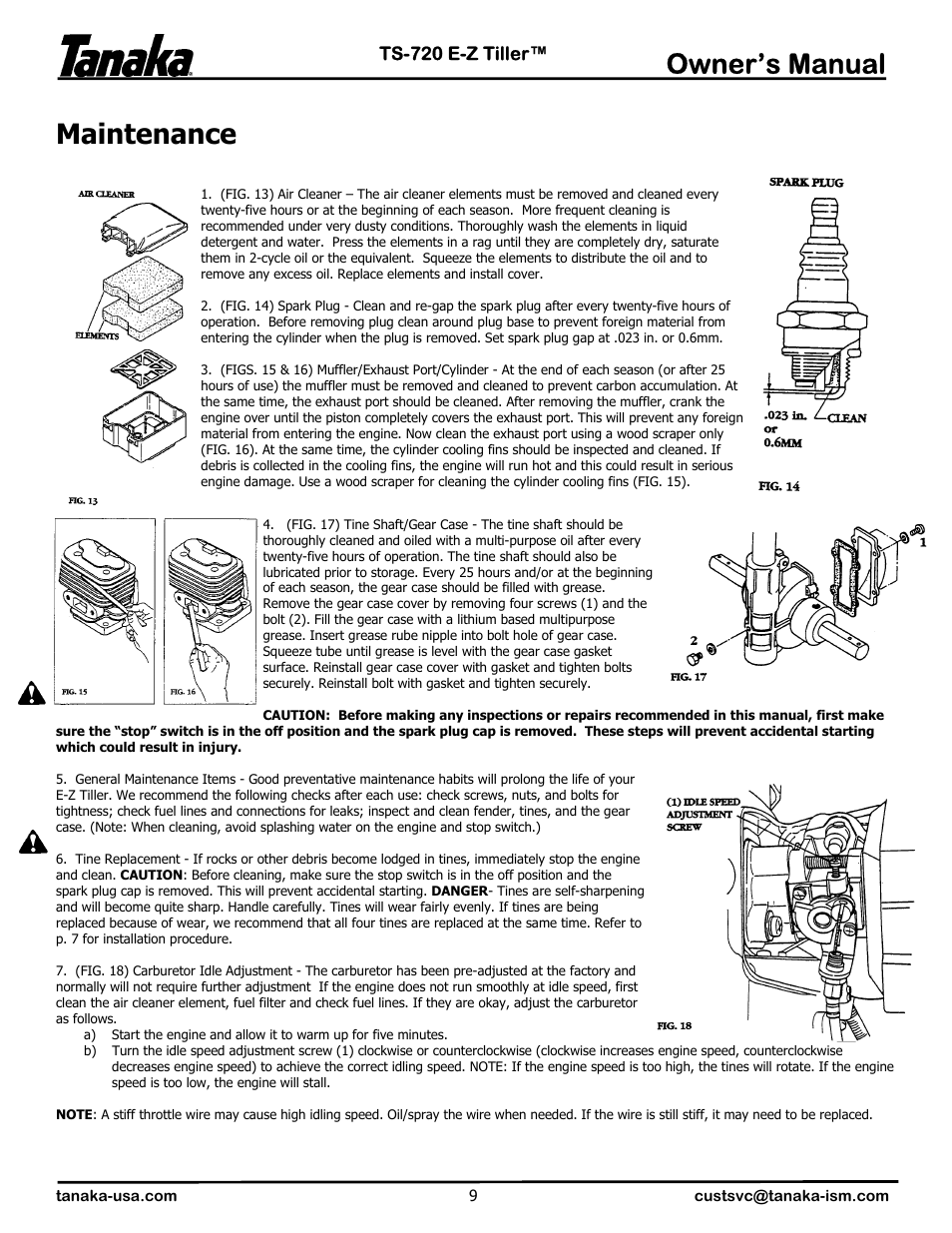 Maintenance, Owner’s manual, Ts-720 e-z tiller | Tanaka TS-720 User Manual | Page 10 / 12