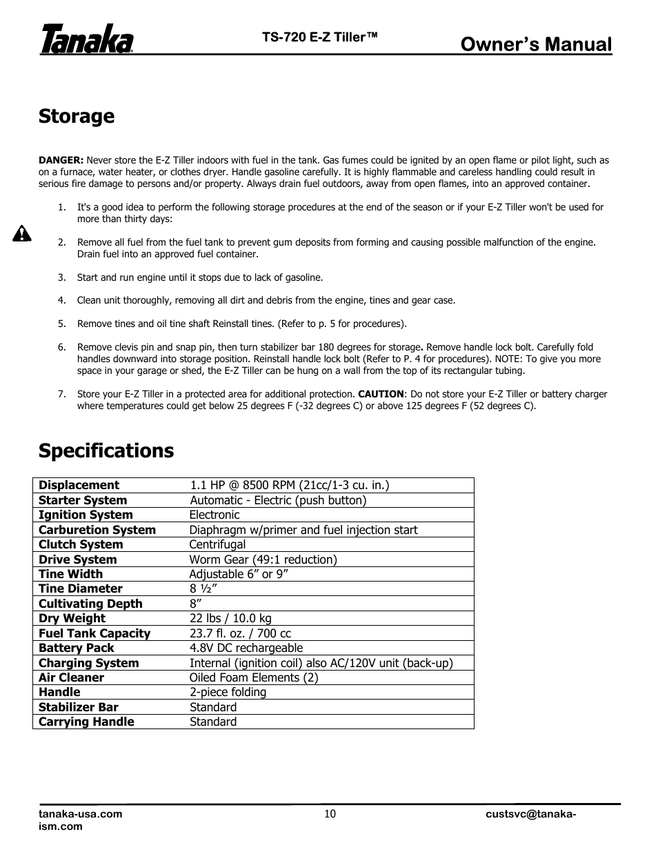 Storage/specifications, Owner’s manual, Storage | Specifications | Tanaka TS-720 User Manual | Page 11 / 12