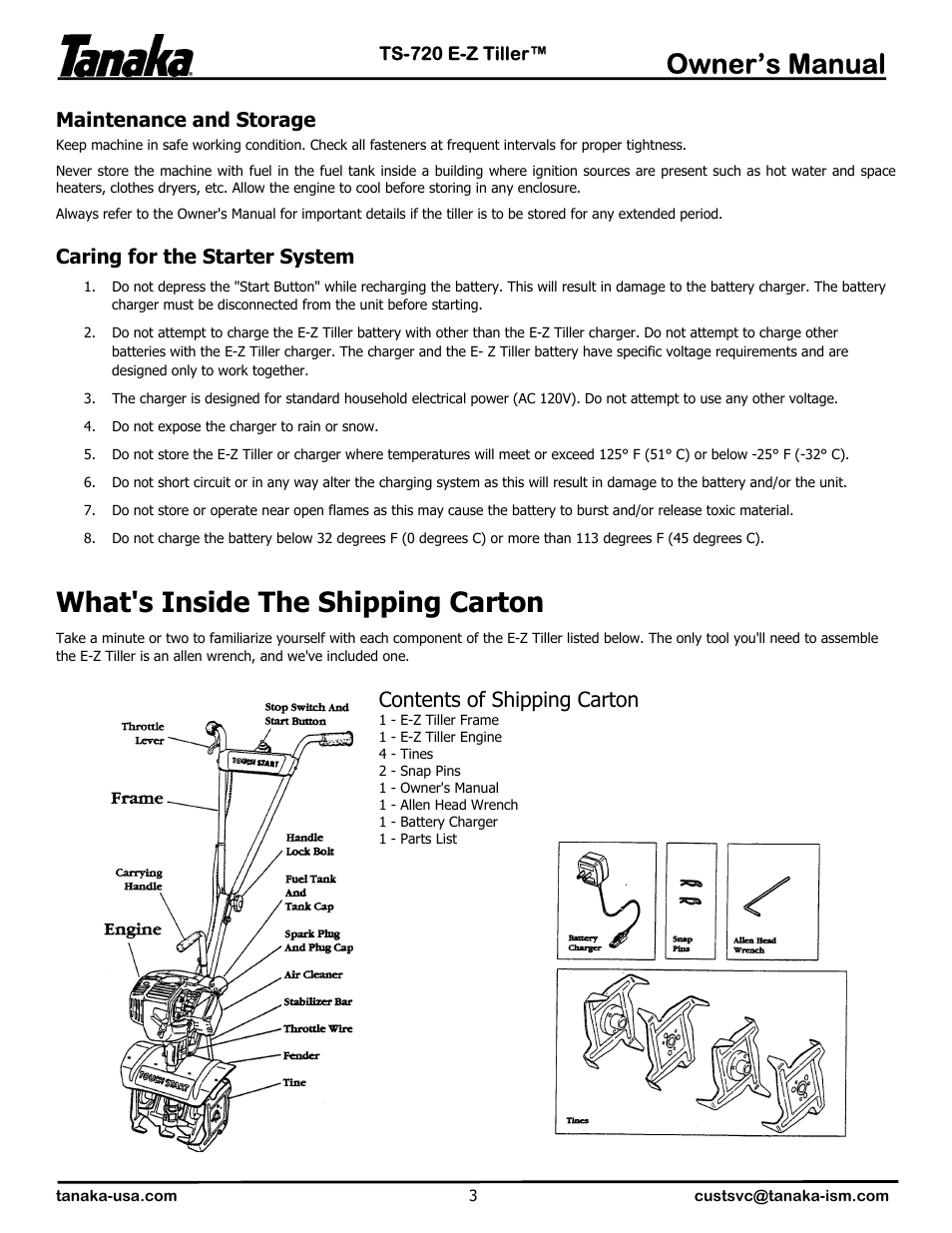 Maintenance & storage, What inside the carton, Owner’s manual | What's inside the shipping carton, Contents of shipping carton, Maintenance and storage, Caring for the starter system | Tanaka TS-720 User Manual | Page 4 / 12
