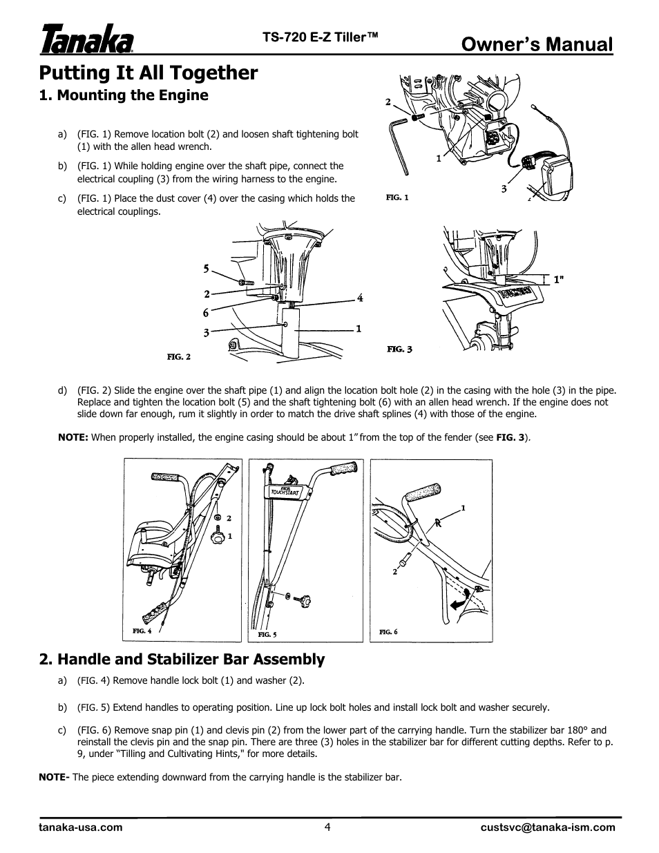 Putting it all together, Owner’s manual, Mounting the engine | Handle and stabilizer bar assembly | Tanaka TS-720 User Manual | Page 5 / 12
