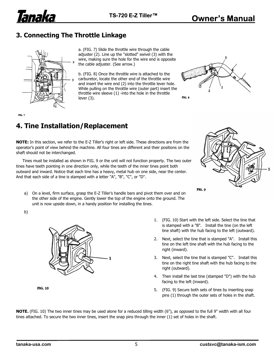 Owner’s manual, Tine installation/replacement, Connecting the throttle linkage | Tanaka TS-720 User Manual | Page 6 / 12