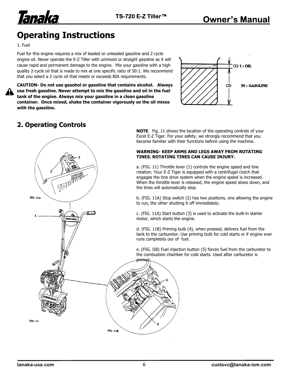 Operation, Owner’s manual, Operating instructions | Operating controls | Tanaka TS-720 User Manual | Page 7 / 12