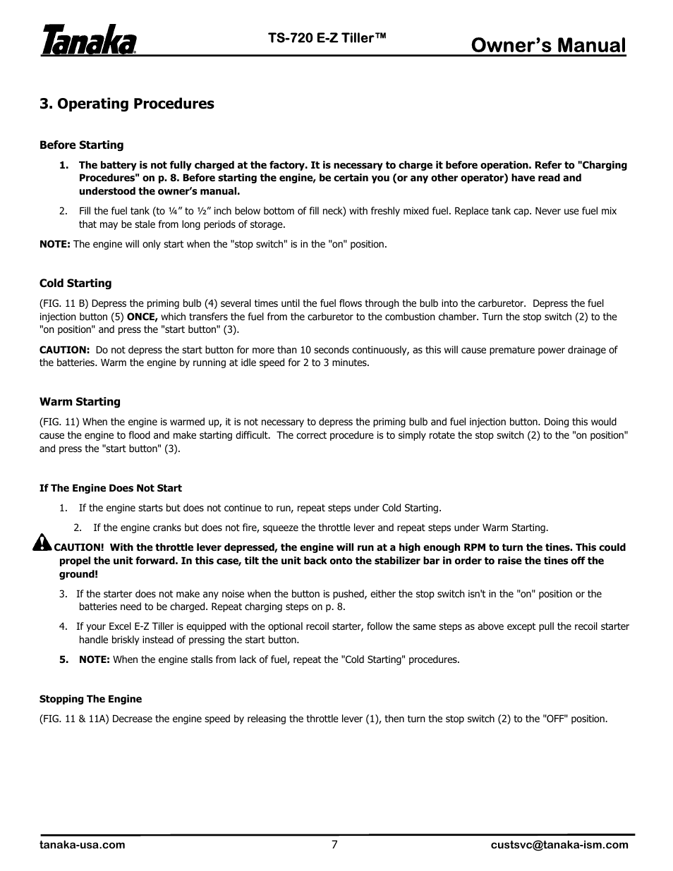 Owner’s manual, Operating procedures | Tanaka TS-720 User Manual | Page 8 / 12