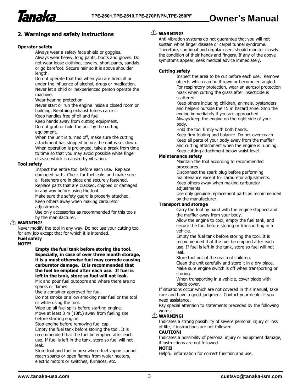 Warnings & safety instructions, Owner’s manual | Tanaka POLE EDGERS TPE-25OPF User Manual | Page 4 / 12