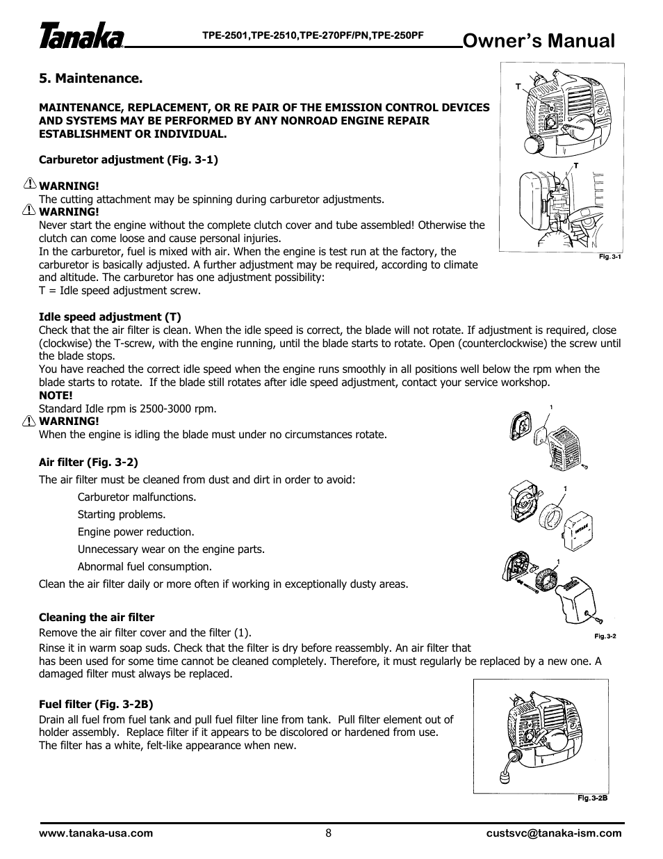 Maintenence, Owner’s manual | Tanaka POLE EDGERS TPE-25OPF User Manual | Page 9 / 12