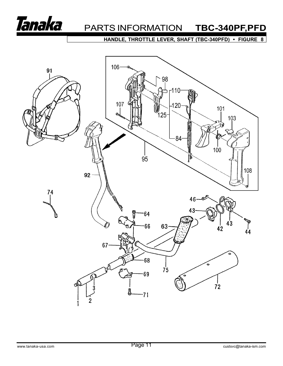Handle, throttle lever (tbc-340-pfd), Parts information, Tbc-340pf,pfd | Tanaka PFD User Manual | Page 12 / 22