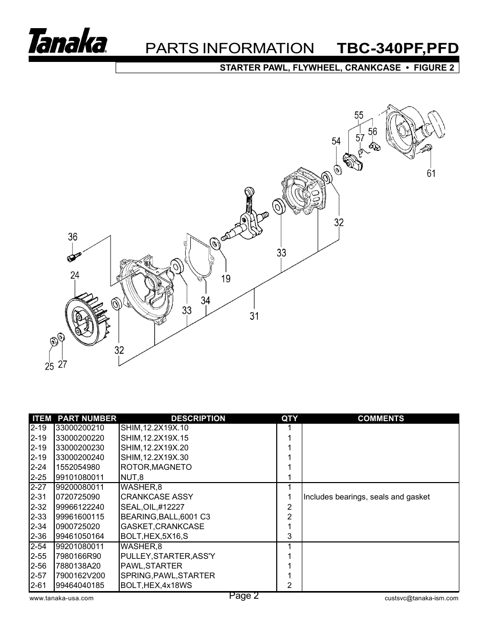 Crankshaft & starter pulley, Parts information, Tbc-340pf,pfd | Tanaka PFD User Manual | Page 3 / 22