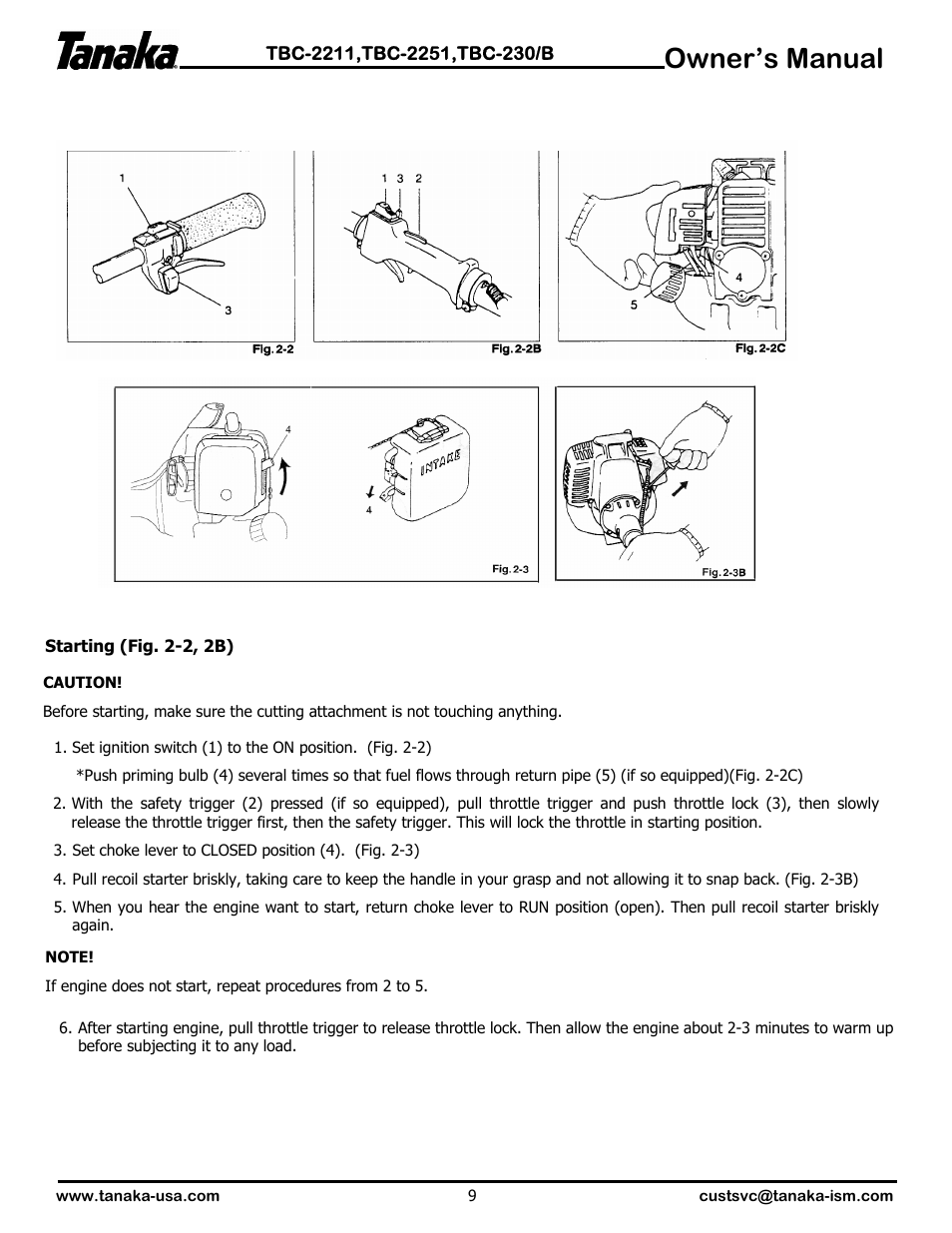 Starting your trimmer, Owner’s manual | Tanaka TBC-2251 User Manual | Page 10 / 20