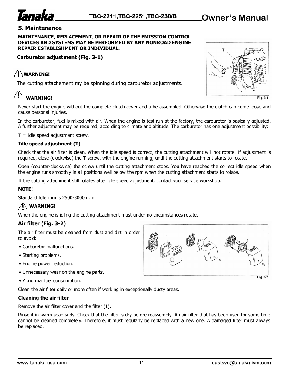 Maintenance, Owner’s manual | Tanaka TBC-2251 User Manual | Page 12 / 20