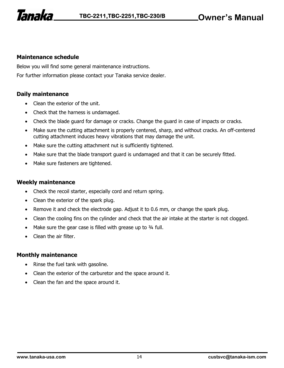 Owner’s manual | Tanaka TBC-2251 User Manual | Page 15 / 20