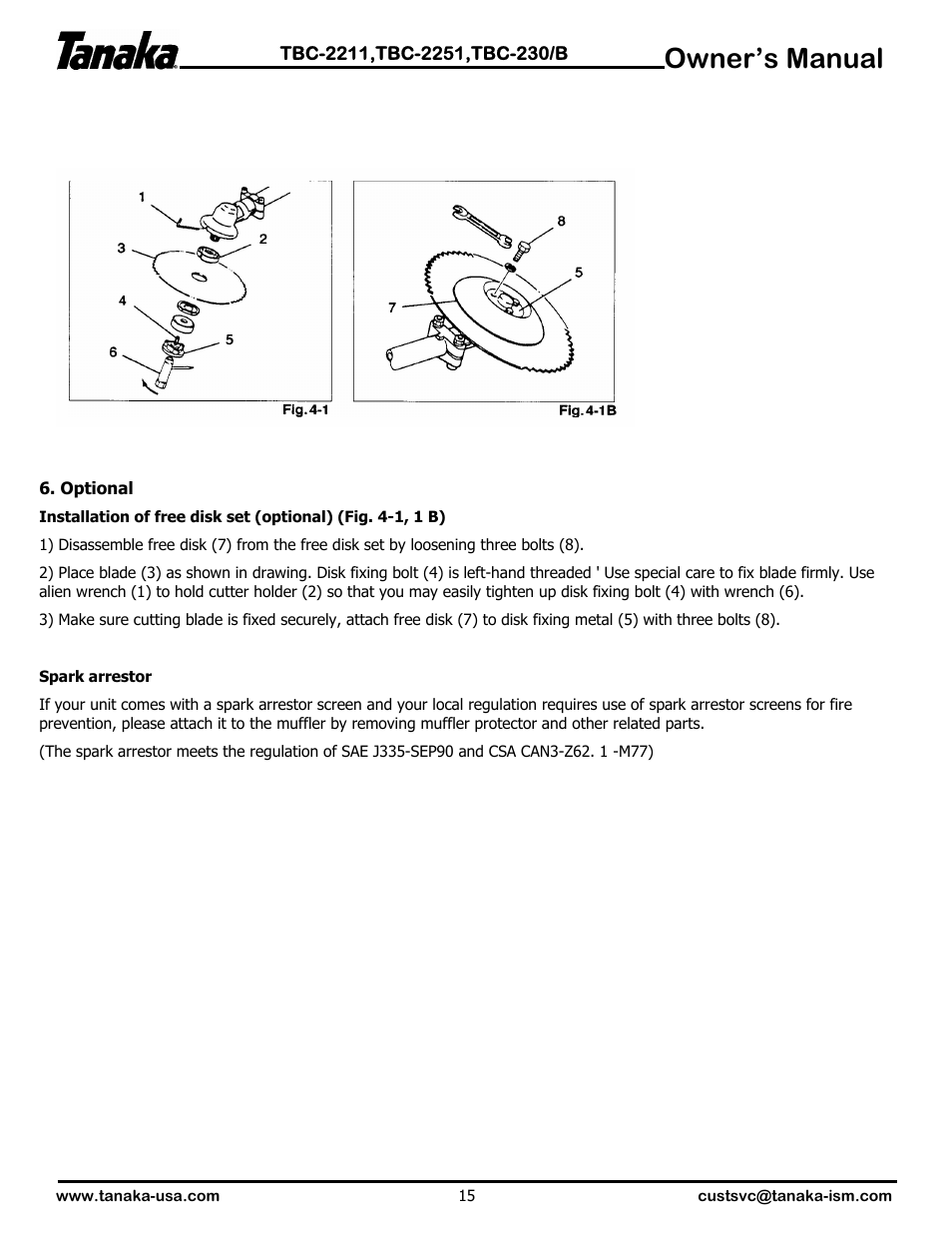 Optional information, Owner’s manual | Tanaka TBC-2251 User Manual | Page 16 / 20