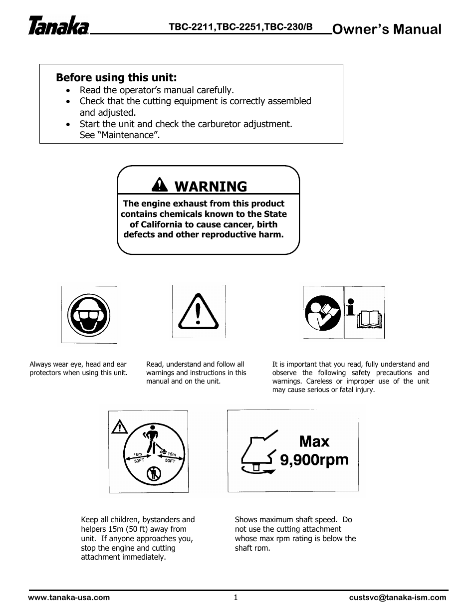 Symbols & alerts, Owner’s manual, Warning | Tanaka TBC-2251 User Manual | Page 2 / 20